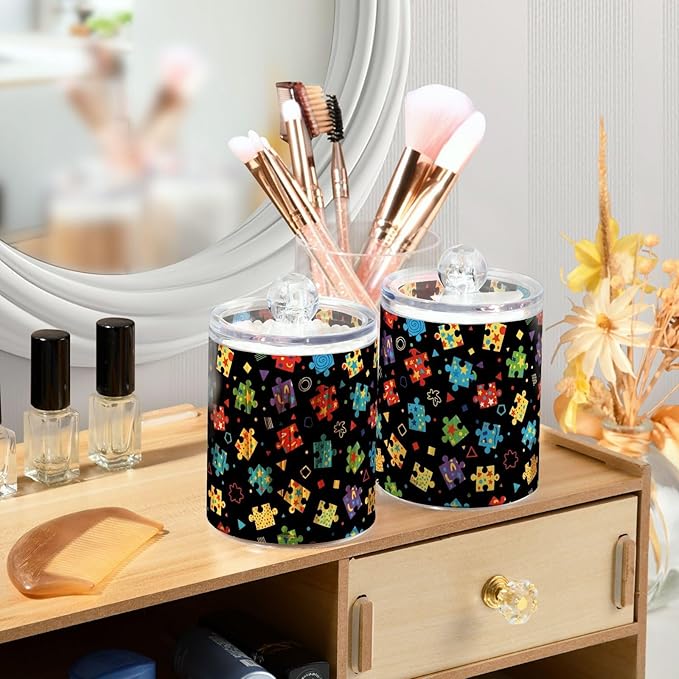 Puzzle Pieces Black Print Bathroom Containers Holder with Lids Set Clear Jars 2 Pack Plastic Makeup Storage Organizer 4.13 x 2.75In for Floss Picks Balls Vanity