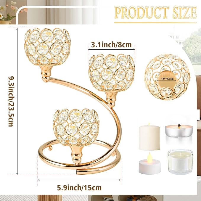 Metal Crystal Candle Holder Set of 3 - Elegant 5-Arm Metal Tea Light Centerpiece with Shining Crystal Bowl, Wedding Anniversary Table Decor for Dining, Party (Gold, 6 Pcs 3 Arm)