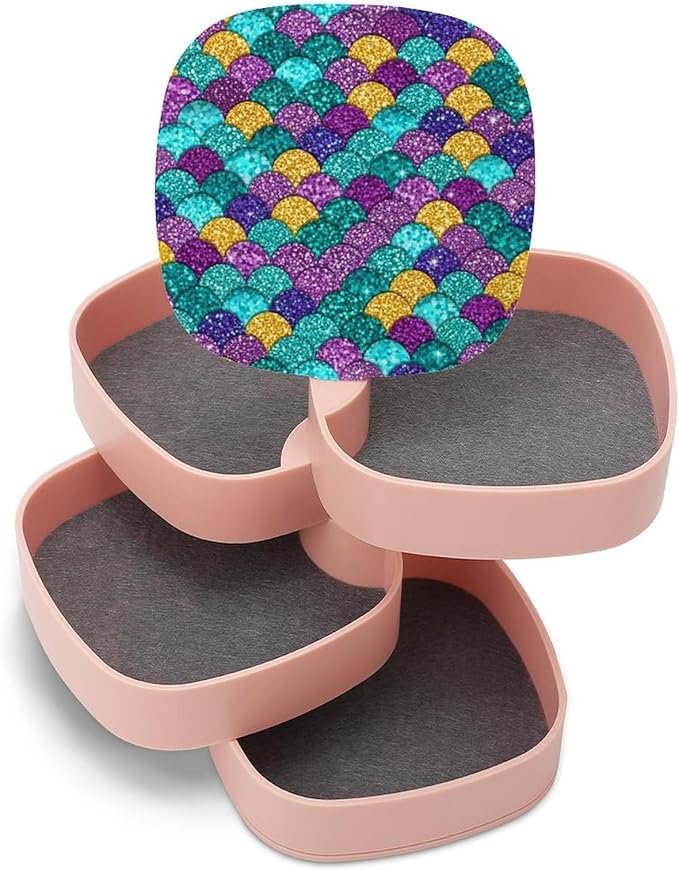 4-Layer Rotating Jewelry Storage Tray with Mirror Colorful Mermaid Fish Scales Jewelry Organizer Earring Holder for Bracelets Rings