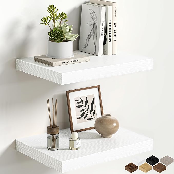 White Floating Shelves for Wall, 16'' W x 12'' D Wall Mounted Rustic Wood Shelves for Bathroom, Bedroom, Living Room, Kitchen, Hanging Shelf for Storage/Room Decor with Heavy Duty Brackets, 2 Pack