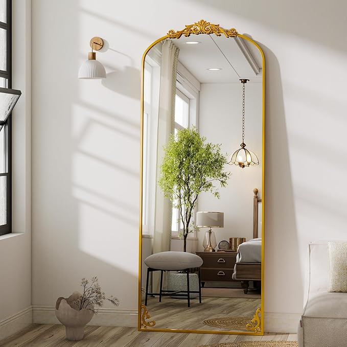 GLSLAND 56"x21" Vintage Full Length Mirror - Carved Arched Floor Standing Mirror, Baroque Full Body Mirrors for Bedroom Living Room Entryway, Gold Frame