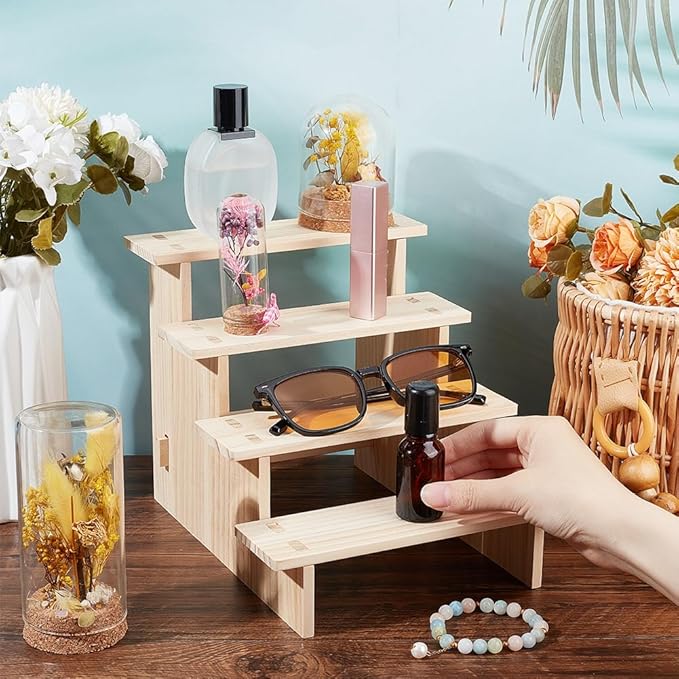 NBEADS 4-Tier Wooden Display Riser Shelf, Antique White Tabletop Small Food Stand Risers Display Makeup Step Perfume Organizer for Fragrance Cosmetics Figure Collection 9.41x7.87x7.36inch