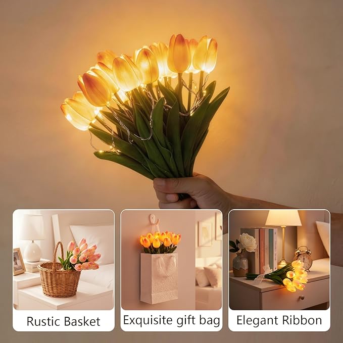 Radiant Romantic Tulip Light with a Vase, 15 PCS Twinkling Tree Tulips Led Night Light that Never Fade, Flower Shaped Ambient Night Lamp for Bedroom Bedside Decor & Gift (White(with Vase))