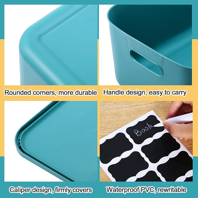 Tanlade 8 Pcs Plastic Storage Bins Stackable Baskets with Lid and Handle Colorful Desktop Storage Box Cubby Containers for Shelf Bedroom Office, Include 1 Erasable Marker, 16 Stickers (14 x 10 x 6 In)