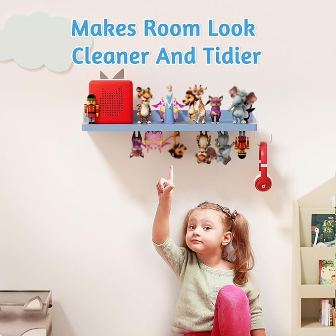 for Tonies Shelf Magnetic - Tonies Figure Organizer for Kids Room, Wooden Magnetic Display Shelf for Tonies Box Holder, Wall Floating Shelves Toy Storage Compatible Charging Station (1 Tier, Blue)