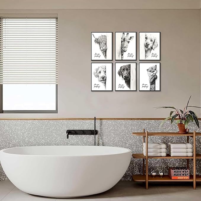 Funny Bathroom Wall Art Black and White Bathroom Posters Decor Rustic Donkey and Cow Pictures Wall Decor Funny Animal Peeking Canvas Art Prints for Toilet/Bedroom Unframed 8x10 inches x 6 pieces