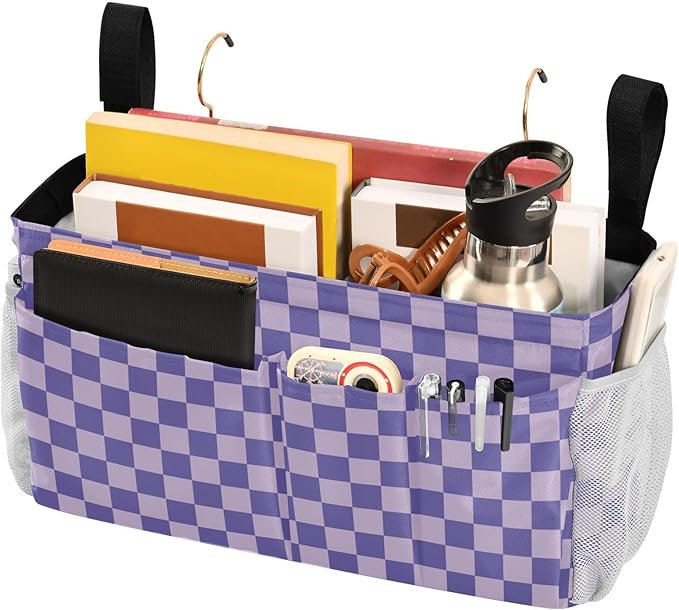 Purple Checkerboard Print Bedside Caddy Storage Bag Bedside Organizer for Bunk Bed Headboards College Organizer Caddy Hanging Shelf 6 Pockets with Hooks for Drinks Magazine Phone Holder