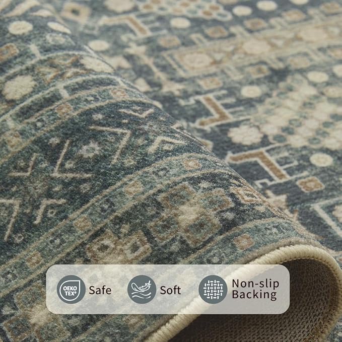 Rugxara 8x10 Washable Area Rugs for Living Room&Bedroom - Floral Boho Vintage Rug,Soft & Non-Slip,Low Pile Wool Carpet for Indoor Dining Room,Girls Room,Nursery Room and Kids Room(Ivory Blue)