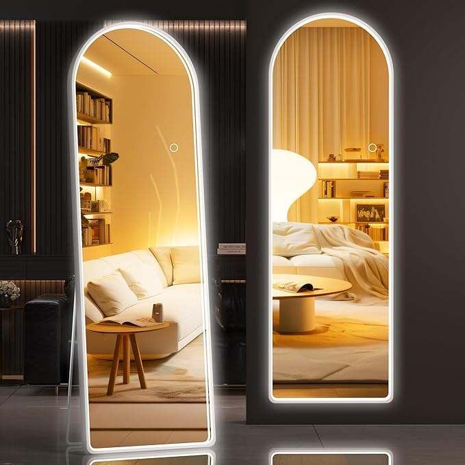 Hasipu 55" X 18" Full Length Mirror with Lights, White Frame Arch Led Mirror Full Length and 3 Colors Temperatures & Brightness Adjustable,Light Up Mirror Full Body for Bedroom Cloakroom Living Room