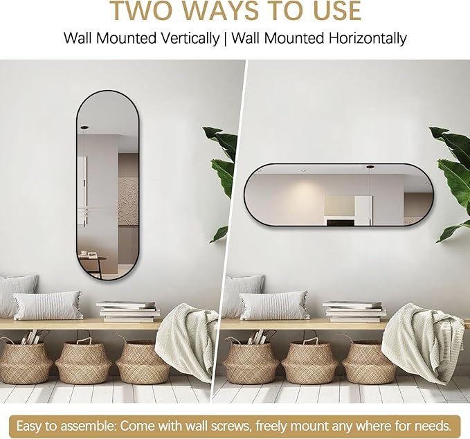 Niccy 65"×22" Oval Full Length Mirrors, Long Wall-Mounted Mirror with Aluminum Frame, Large Body Mirrors for Living Room, Explosion-Proof Hanging Wall Mirror for Bathroom Bedroom Entryway Decor, Black