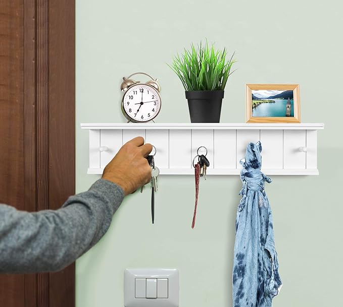 Greenco Entryway Wall Mounted Floating Shelf with Wooden Peg Style Hooks, Hat and Coat Hanging Storage Shelf, 24” – White