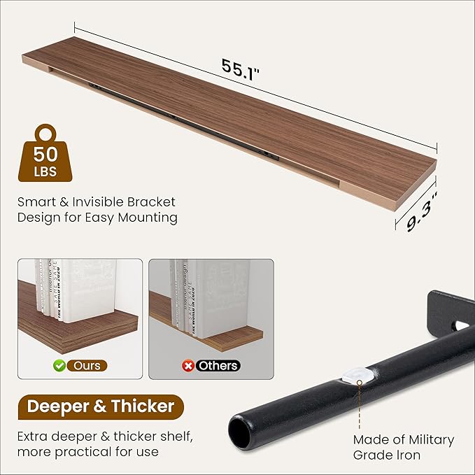 Fun Memories 55 Inch Fireplace Mantel Shelf, 9.3" Deep Floating Shelves for Wall, Long Wall Mounted Farmhouse Display Shelves with Invisible Heavy Duty Metal Bracket, Walnut, 2 Pack