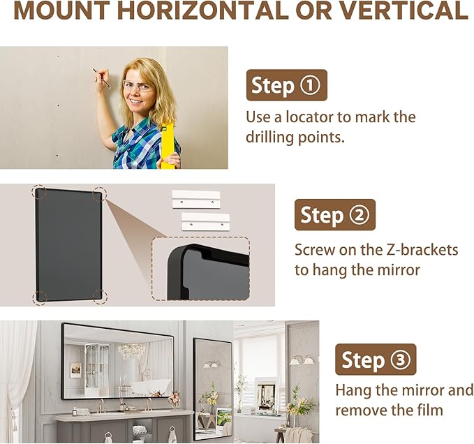 pertetey New Upgrade Bathroom Mirror, 72X40 Inch Black Metal Frame Wall Mounted Rounded Rectangle Bathroom Vanity Mirror with Tempered Glass for Washroom Bedroom Living Room