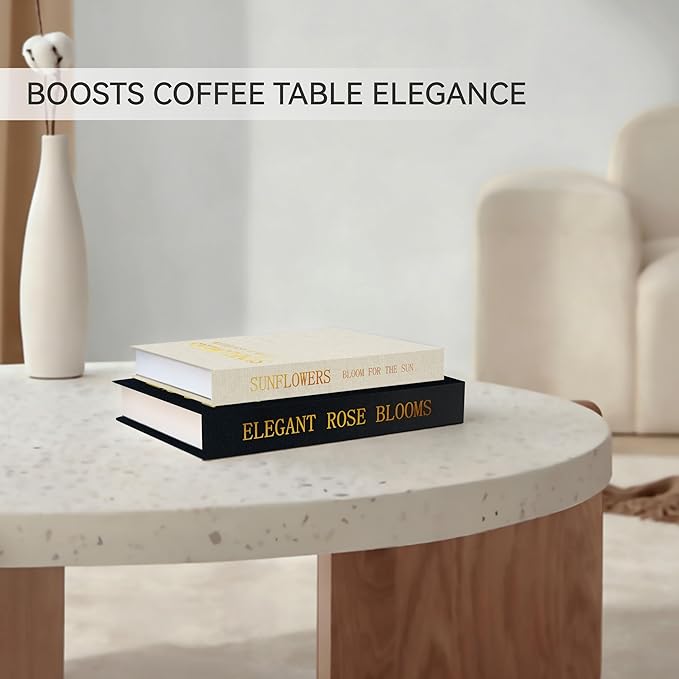 Premium Linen Decorative Book Box Set of 2 - Letter Gold Foil Embossed with Hidden Storage | Coffee Table, Bookshelf & Mantel Decor & Keepsake Organizer to Elevate Home Aesthetic, Black