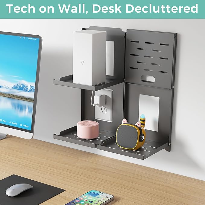 2-Tier Small Router Shelf Wall Mount - 7.5 inch Folding Metal Outlet Shelf w/Cable Holes | Dual-Layer Organize & Connect for WiFi Router and Modem | Folds Up & Stackable (7.5″ Wide)