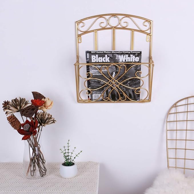 Wall Mount Magazine Holder Rack, Adjustable Hanging File Pocket Organizer with Scroll Work, Decorative Wall Storage Basket for Document, Book, Mail, Newspaper, Gold