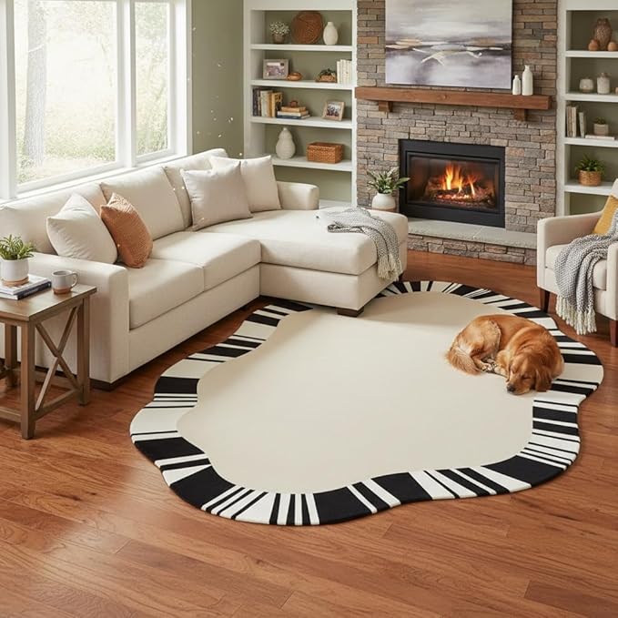 Beige Black White Stripes Irregular Area Rug for Bedroom Living Room Diningroom Non Slip Non Shedding Carpet Mid Century Modern Abstract Shaped Rug Minimalist Home Office Guestroom Floor Mats 6x9