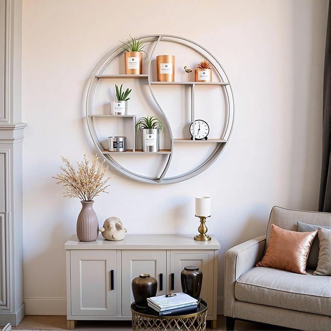 Round Wall Shelf,24 inch Metal Circle Shelf Wood Floating Shelves,Rustic Silver Wall Mounted Display Organizer Shelf for Fireplace,Living Room,Bathroom