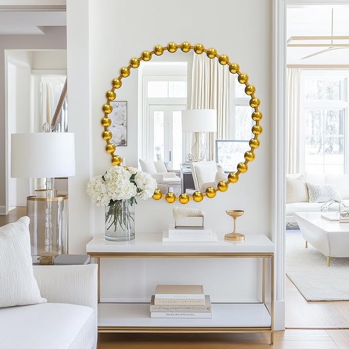 Round Gold Mirror 30'', Beaded Mirror for Wall Decor Large Circle Mirror for Bathroom, Dining Roon, Bed Room, Entryway