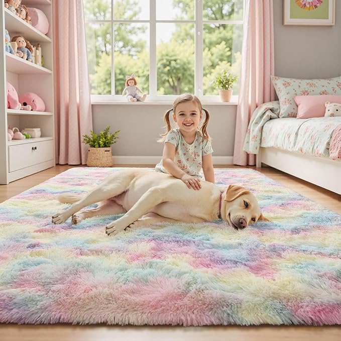 5x7 ft Fluffy Rainbow Area Rug for Bedroom Soft Fuzzy Living Room Rug Non-Slip Shag Rugs Carpet for Nursery Kids Play Room Dorm Office Indoor Modern Plush Carpets