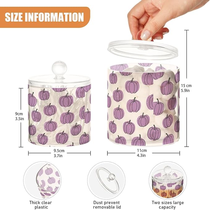 Fake Sequins Pumpkin Lavender Autumn Clear Plastic Makeup Organizer Storage with lid Pantry Essentials Decorative small storage bins for Cotton Swabs,Cotton Pads,Floss Picks,Paper Clips,Hair
