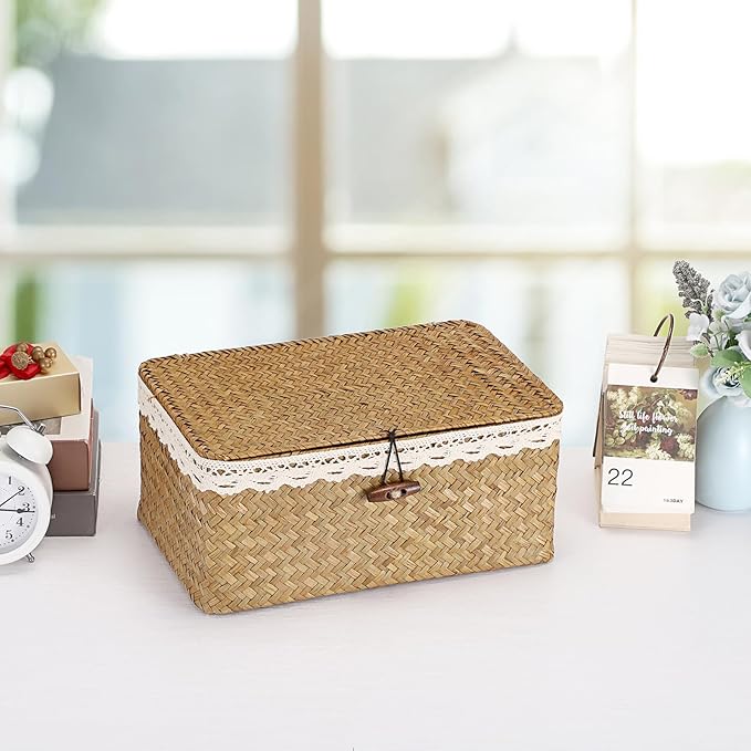 Hipiwe Wedding Card Basket Box Handwoven Seagrass Basket Bin with Letter Flag Wedding Favors Post Box Reception Card Holder for Party, Birthday, Graduation, Baby & Bridal Shower