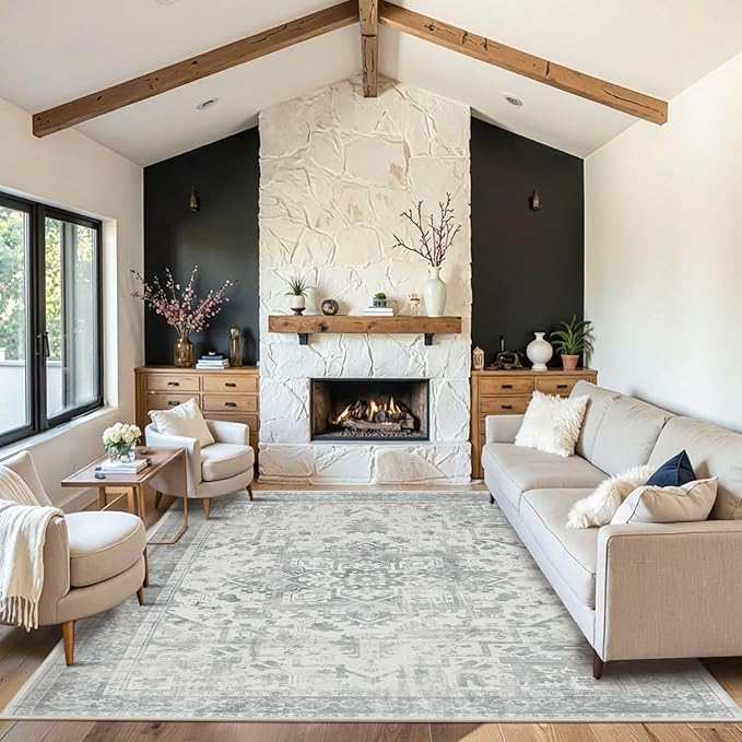 Rugxara 5X7 Washable Area Rug for Living Room, Neutral Vintage Large Boho Rugs for Office, Dining Room, Kids Room, Farmhouse, Durable Low Pile Non Slip Carpet for High Traffic Areas, Light Grey