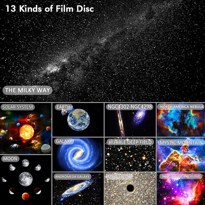 Galaxy Projector for Bedroom,HD Image Star Projector Galaxy Light,13 Film Discs Planetarium Projector with Adjustable Knob, 360° Rotating and Timer for Kids, Ceiling, Gifts, Room Decoration