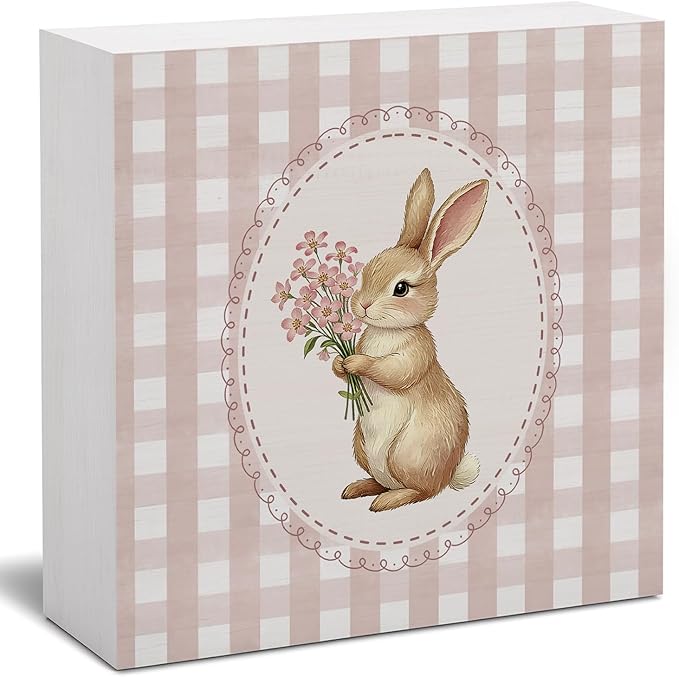 Pink Bunny Wood Box Sign Desk Decor, Bunny Decorations, Pink Easter Theme Wooden Block Box Sign Decoration for Home Office Shelf Table Decor 5x5