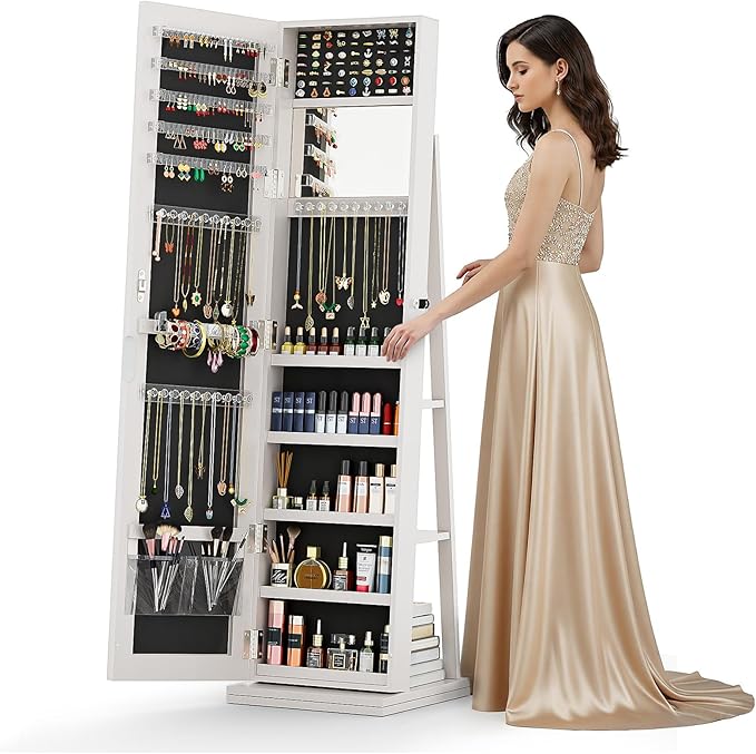 4-In-1 Jewelry Armoire with Full-Length Mirror, 360° Swivel Lockable Jewelry Cabinet Standing with 3 Storage Shelves & Vanity Mirror, Jewelry Organizer with Storage for Gift Idea, White
