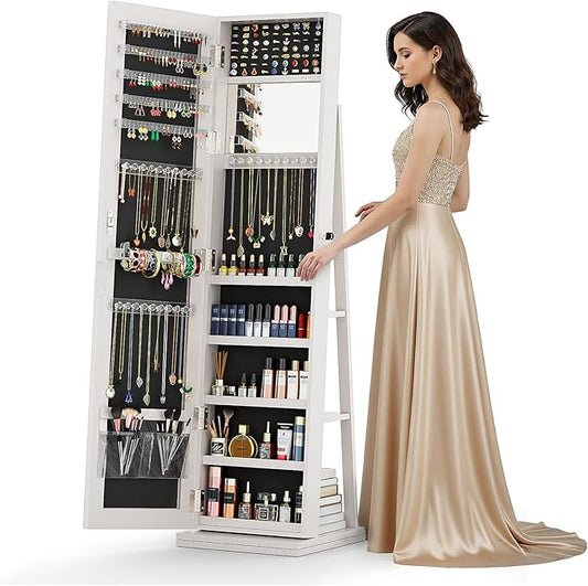 4-In-1 Jewelry Armoire with Full-Length Mirror, 360° Swivel Lockable Jewelry Cabinet Standing with 3 Storage Shelves & Vanity Mirror, Jewelry Organizer with Storage for Gift Idea, White