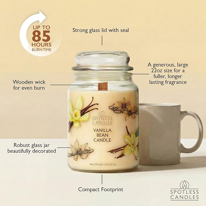 Candle Vanilla Bean 22oz with Wooden Wick in a Presentation Gift Box & Protective Shipper - Vanilla Scented Candles - Large Jar Candles