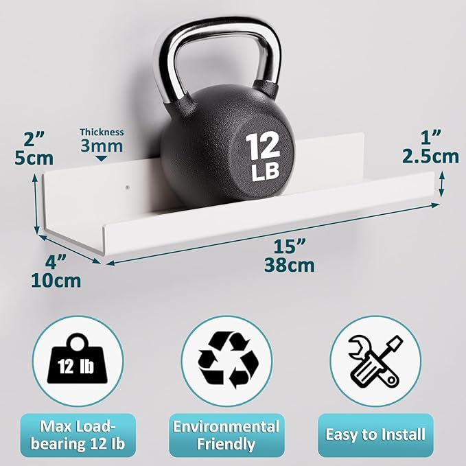 Albumgit 4 Pack Acrylic Shelves for Wall Storage, Self-Adhesive 15" White Floating Shelf for Pop Figures, Picture, Perfume, Books, Wall Shelf Organizer for Bathroom, Living Room, Bedroom, Kitchen