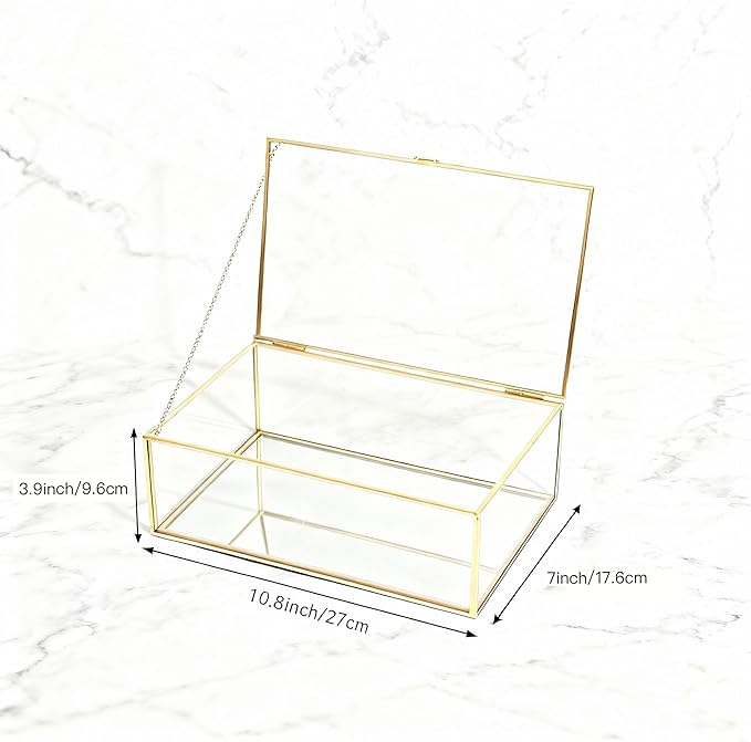 Feyarl Gold Glass Photo Display Box Figures Keepsake Box Jewelry Trinket Rings Earrings Perfume Storage Organizer Display Case Makeup Holder for Home Decor Wedding (10.8 x 7 x 3.9inch)