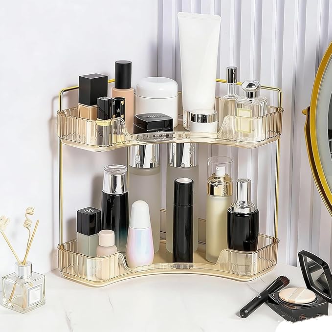 Multi-Tier Corner Countertop Organizer Rack, 3 Tier Corner Bathroom Counter Organizer, 90° Space-Saving Makeup Organizer Shelf, Tool-Free Installation for Cosmetic, Dresser, Kitchen (Gold-2tier)