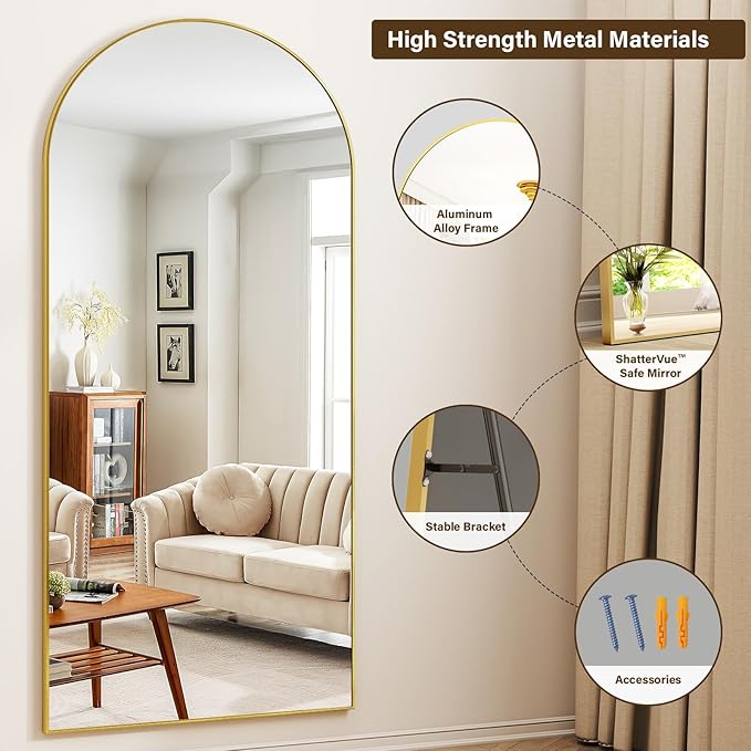 XRAMFY 78"x38" Arched Full Length Mirror with HD Real Glass, Aluminum Frame, Shatter-Resistant, Wall Mounted or Standing, Gold Floor Mirror for Bedroom & Dressing Room