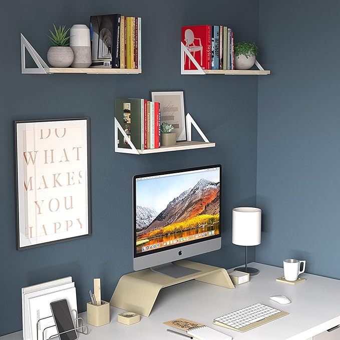 Wallniture Minori Floating Shelves for Wall Storage, Floating Bookshelf Set of 3, Bathroom and Kitchen Organizer Natural Wood Wall Shelves with White Brackets