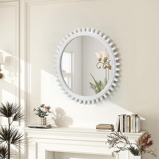 ULIKE Round Rustic Wood Mirror for Bathroom, Farmhouse Mirror with Wood Frame, 24x24 Inch White Vanity Mirrors for Wall Decor of Bedroom Living Room Entryway