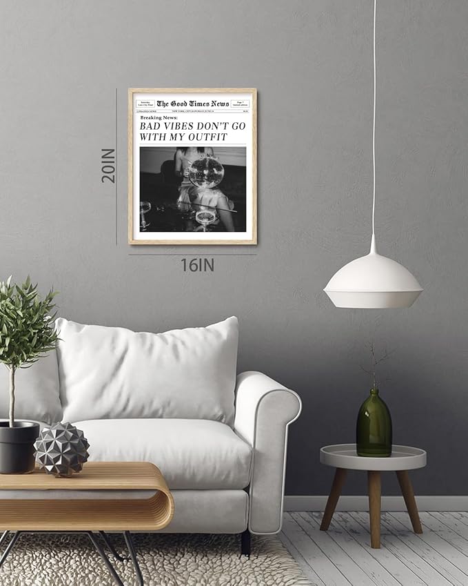 Bwodke OAK Wood Framed Wall Art Bad Vibes Don't Go With My Outfit Canvas Art Disco Bar Pictures Wall Decor Vintage Magazine Bar Cart Prints Trendy Newspaper Artwork for Girly Dorm Bedroom 16"x20"