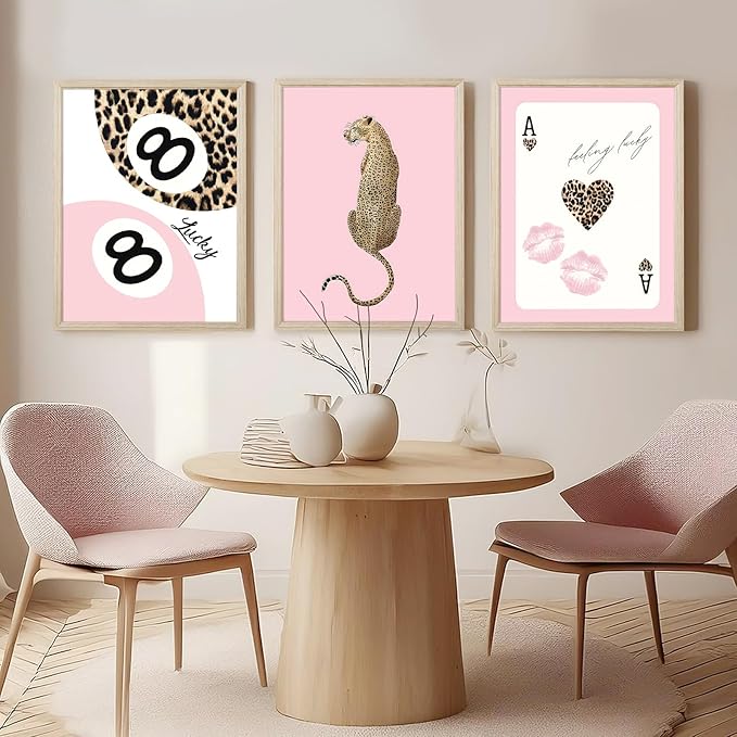 Trendy Leopard Wall Art Cheetah Print Canvas Wall Decor 8 Ball Poster Preppy Room Aesthetic Pictures Funky Coquette Vintage Prints Y2k Fashion Lucky Posters for Bedroom 12x16x3 Inch Framed
