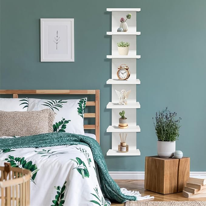 Eunika 7-Tier White Floating Wall Shelf, Tall Vertical Column Storage Organizer Modern Narrow Space Saving Design for Bedroom, Living Room, Home Decor & Display