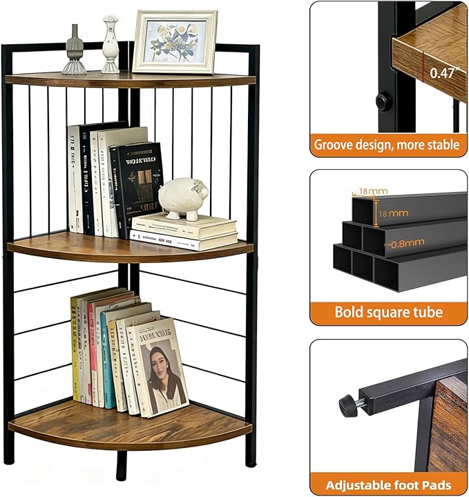 Corner Shelf Stand 3 Tier Small Bookshelf Display Storage Unit with Metal Frame for Bathroom Bedroom Kitchen Living Room Home Office, Rustic Brown and Black