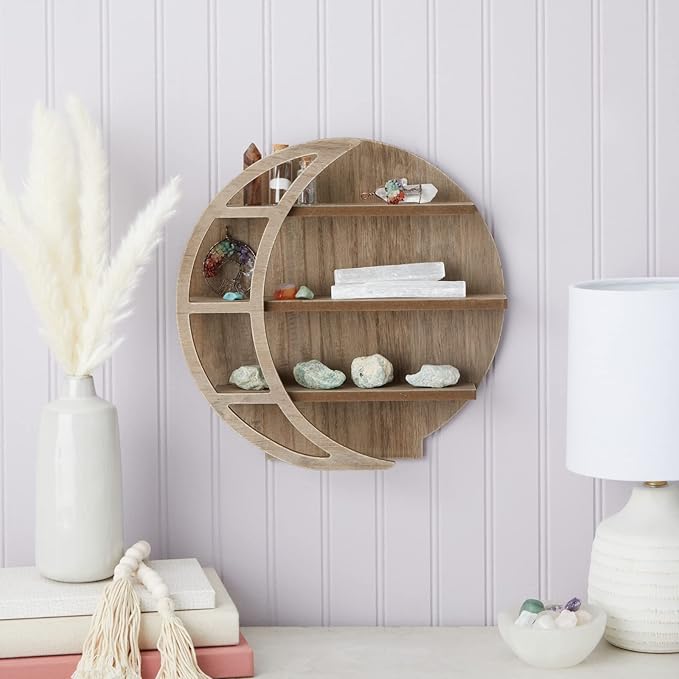 Farmlyn Creek Wooden Crescent Moon Shelf - Rock Shelf & Wall Holder for Stones - Essential Oil Display & Crystal Organizer - Free-Standing Rack - Rustic Brown, 12 x 12 x 3 in