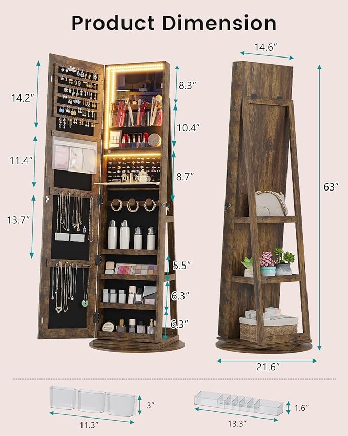 Vlsrka Full Length Mirror with Storage, 63" Rotating Jewelry Cabinet Standing, Lockable Jewelry Armoire with LED Lights, Foldable Makeup Shelf, Jewelry Organizer for Bedroom Small Space, Rustic Brown