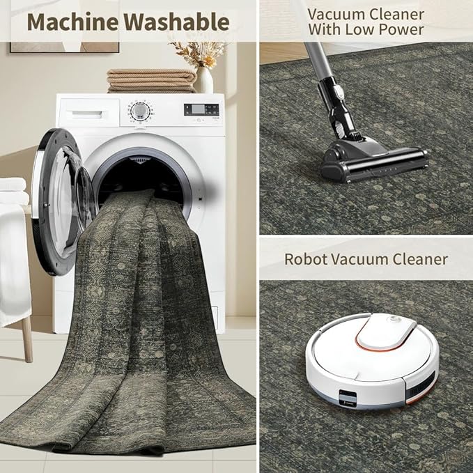 Vintage Area Rugs 5x7, Washable Rugs for Living Room, Green Boho Floral Rug for Office, Dining Room and Farmhouse, Durable Low Pile Non-Slip Area Rug for High Traffic Areas(Moss Brown)