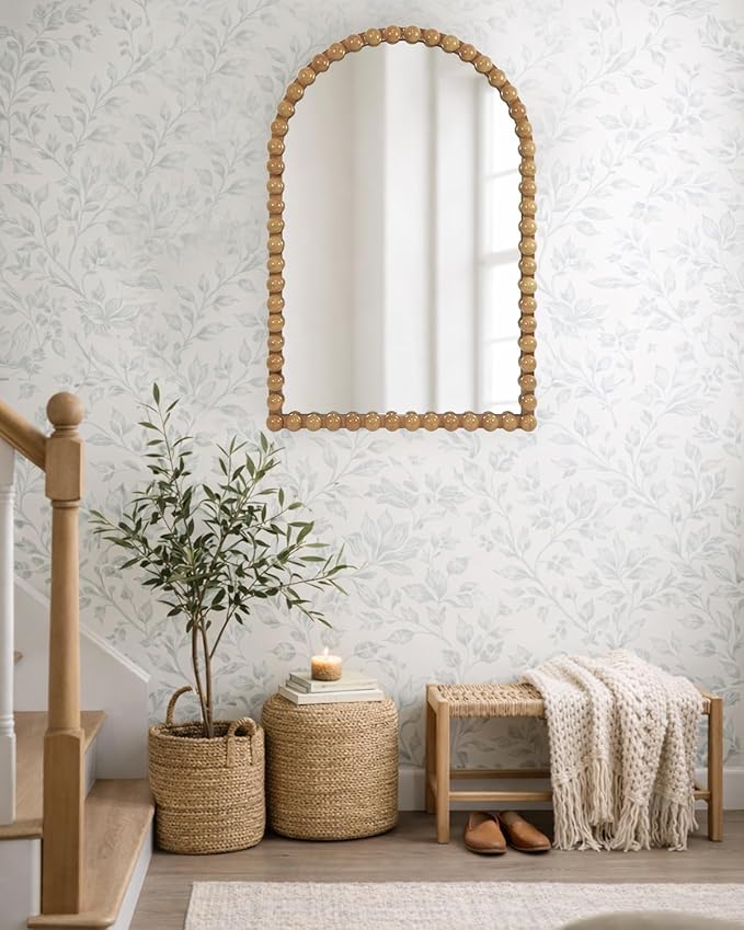 Beaded Arched Wall Mirror 24"x36", Decorative Arch Mirror with Beaded Frame, Vintage Style Accent Mirror for Entryway, Bathroom, Living Room, Bedroom, Fireplace Mantel