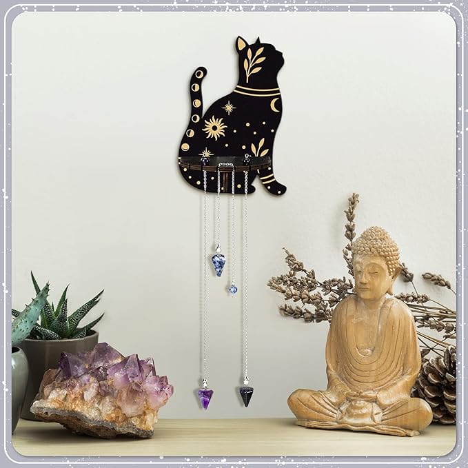 Qunclay 10 Inch Crystal Shelf Display for Wall with 3 Crystal Stones Wooden Wall Mounted Display Decorative Hamsa Hand Organizer Floating Shelf for Bath Bedroom Knick Knacks Art Collections(Cat)