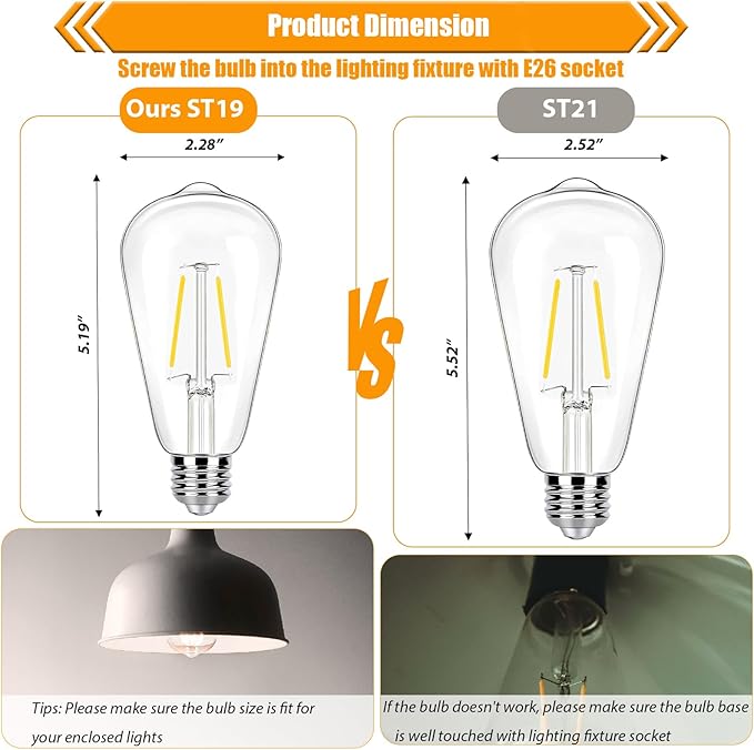 4000K Cool White LED Edison Bulbs 25W Equivalent, Low Wattage 2W ST19 LED Light Bulbs, Replacement Bulbs for Ceiling Light Fixtures, E26 Base, 250LM, Non-dimmable, Pack of 12