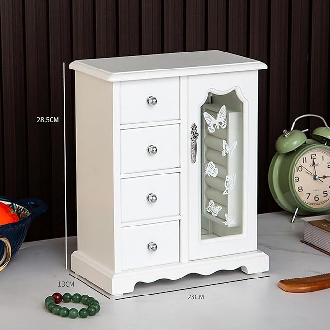 Wooden Jewelry Box, Solid Jewelry Organizer Makeup and Organizer Women Ring Storage with 4 Drawers, Wood Jewelry Case with Mirror for Necklaces Earring Rings, White