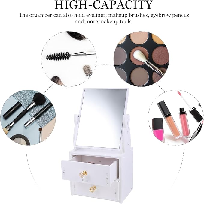 OSALADI Desktop PVC Makeup Mirror with Non-Skid Storage Box and Dual Drawers, Vanity Table Cosmetic Organizer for Bedroom and Travel Use